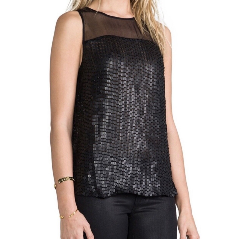 PARKER • Black Carson Combo Silk Chiffon Sequin Embellished Tank Top, S - Picture 4 of 16